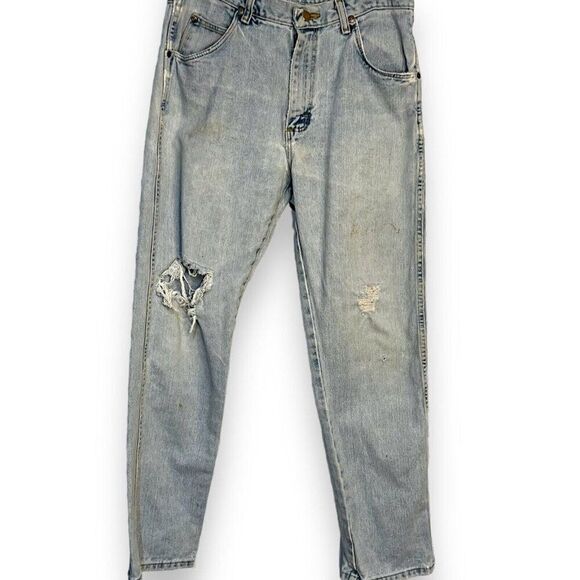 Wrangler Straight Leg Jeans Mens 32 X 30 Blue Denim Distressed Zip Casual FLAWED - Picture 1 of 11